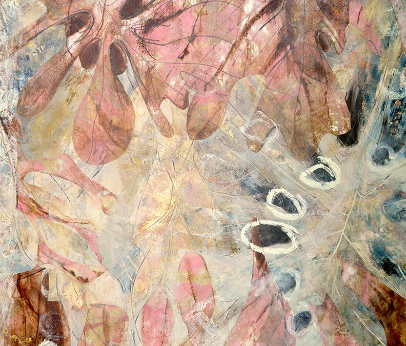 Claffey, Debra, Dark Matter Transformed, 2020, oil, encaustic, monotype collage on panel, 29 x 21 inches