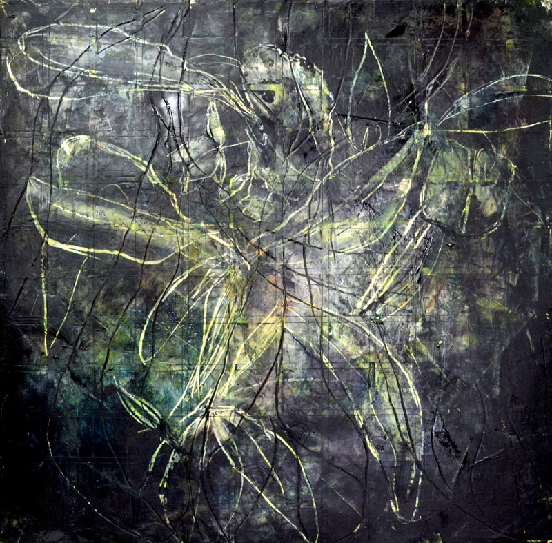 Inner Light for Breath, 2021, oil, oil monotype, mixed media, encaustic on panel, 24 x 24 inches