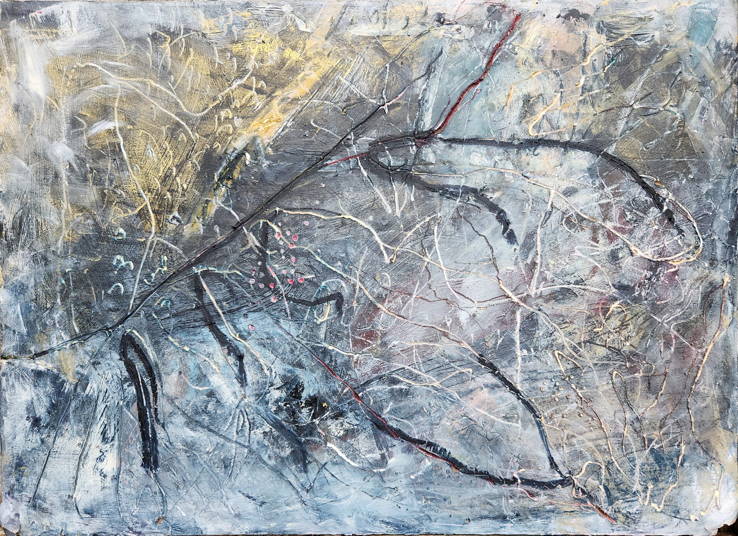 Ice Branch, 2023, oil, black gesso, cold wax on carved masonite panel, 21 x 29 x .25 inches