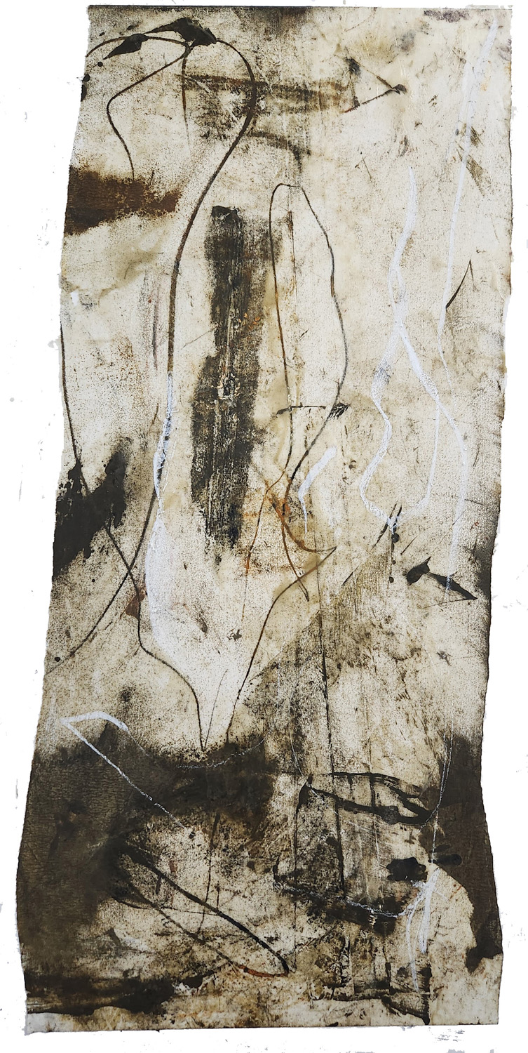 Claffey, Debra, In Mind of Body, 2024, oil monotype, encaustic, drawing on sumi paper on board, 27.25 x 13 x 1 inches, 2024002