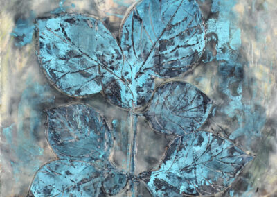 Blue Hydrangea VI, oil, encaustic, monotype collage on panel, 12 x 12 inches