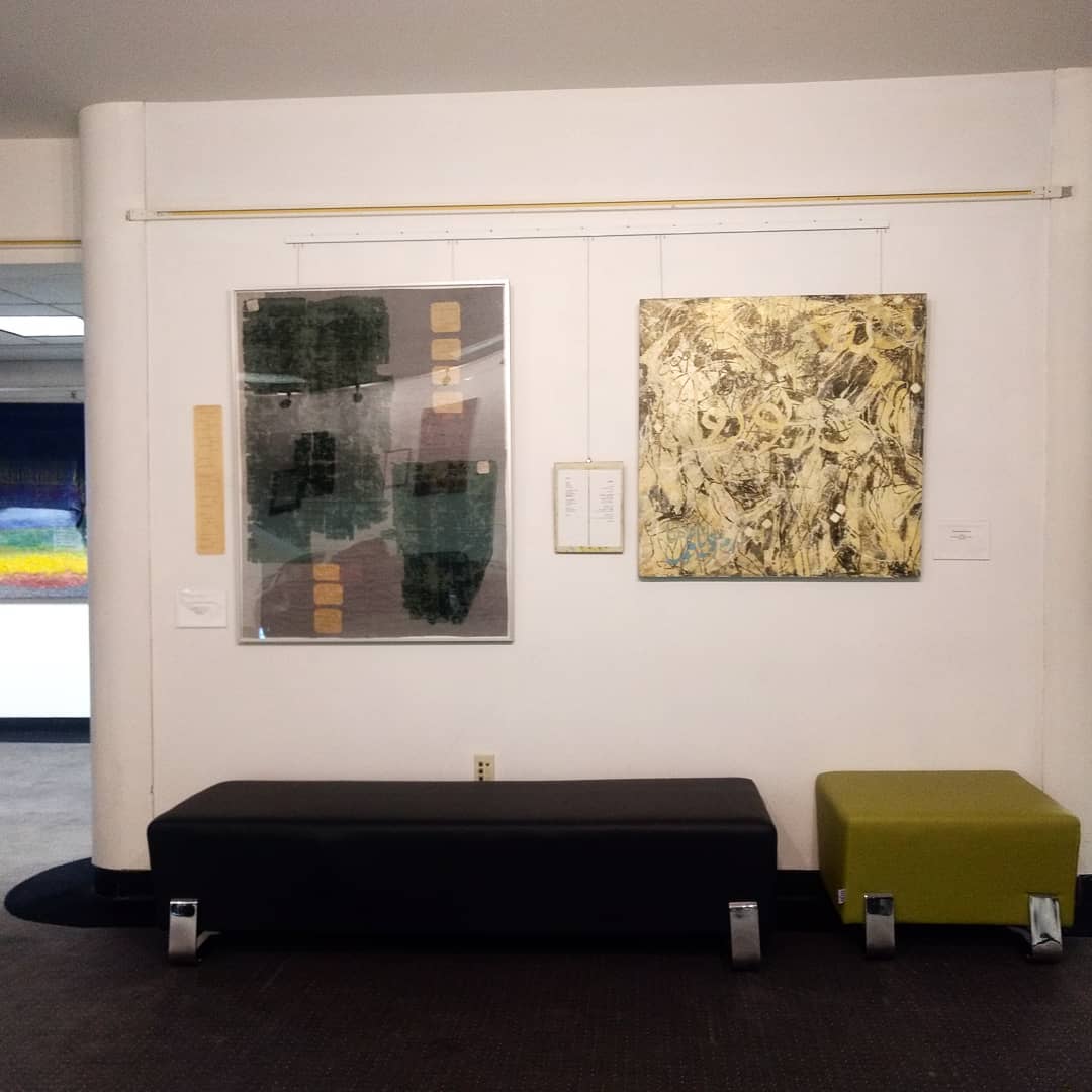 Spent the morning installing Text & Textiles in its home for January at the Nashua Public Library. Left is the artist Linda Basha Brookshire and poet S Stephanie collaboration. Right is poet Ala Khaki’s and my collaboration.